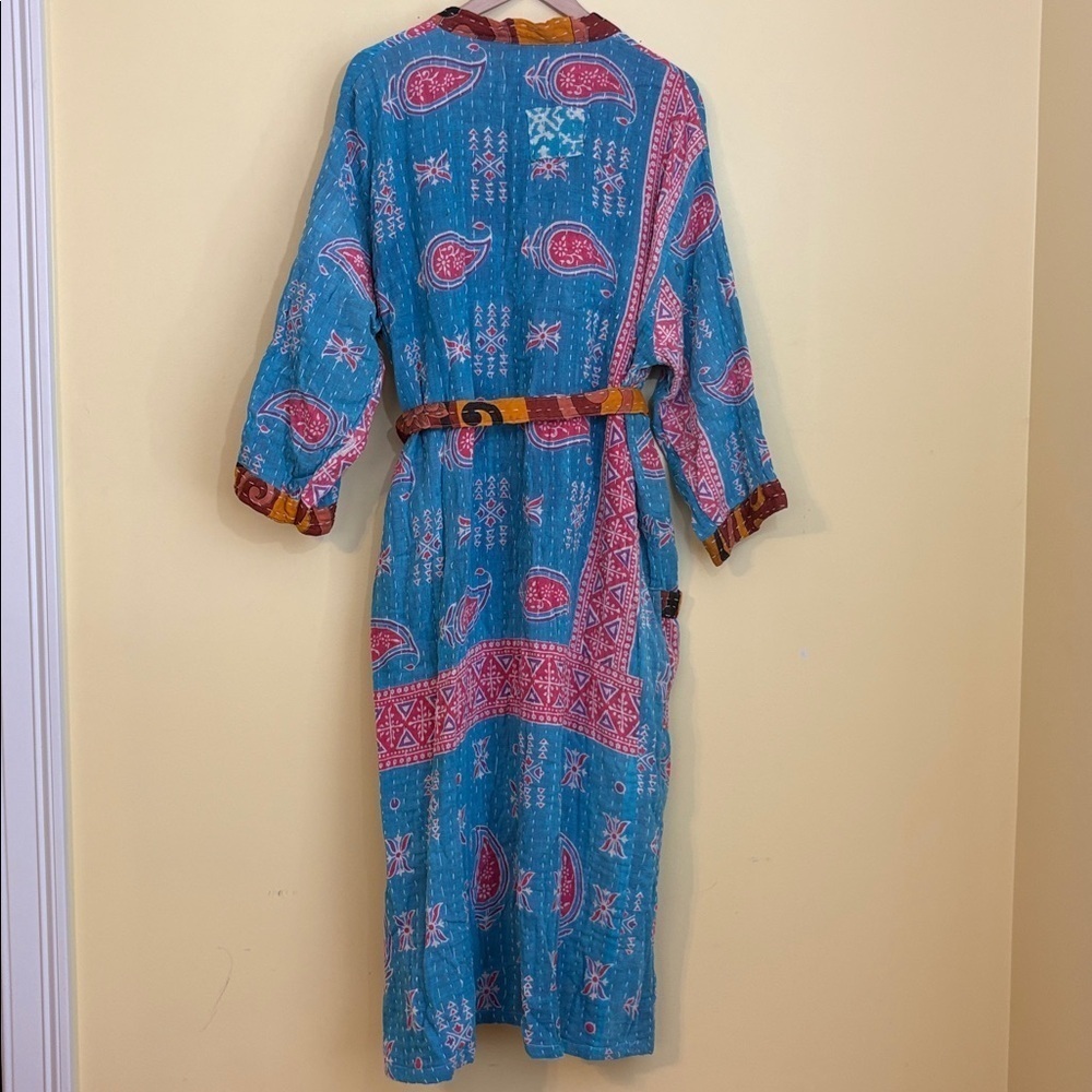 Handmade India Kantha Stitch Cotton Floral Contrast Tie Pockets Duster Cardigan - Picture 17 of 17